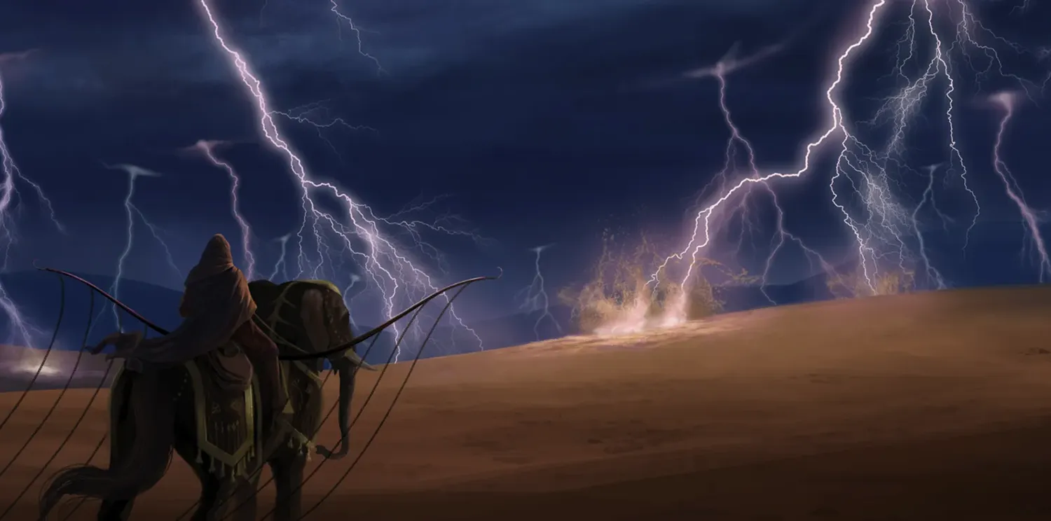 person in robe and hood riding elephant in the desert during a lightning storm at night