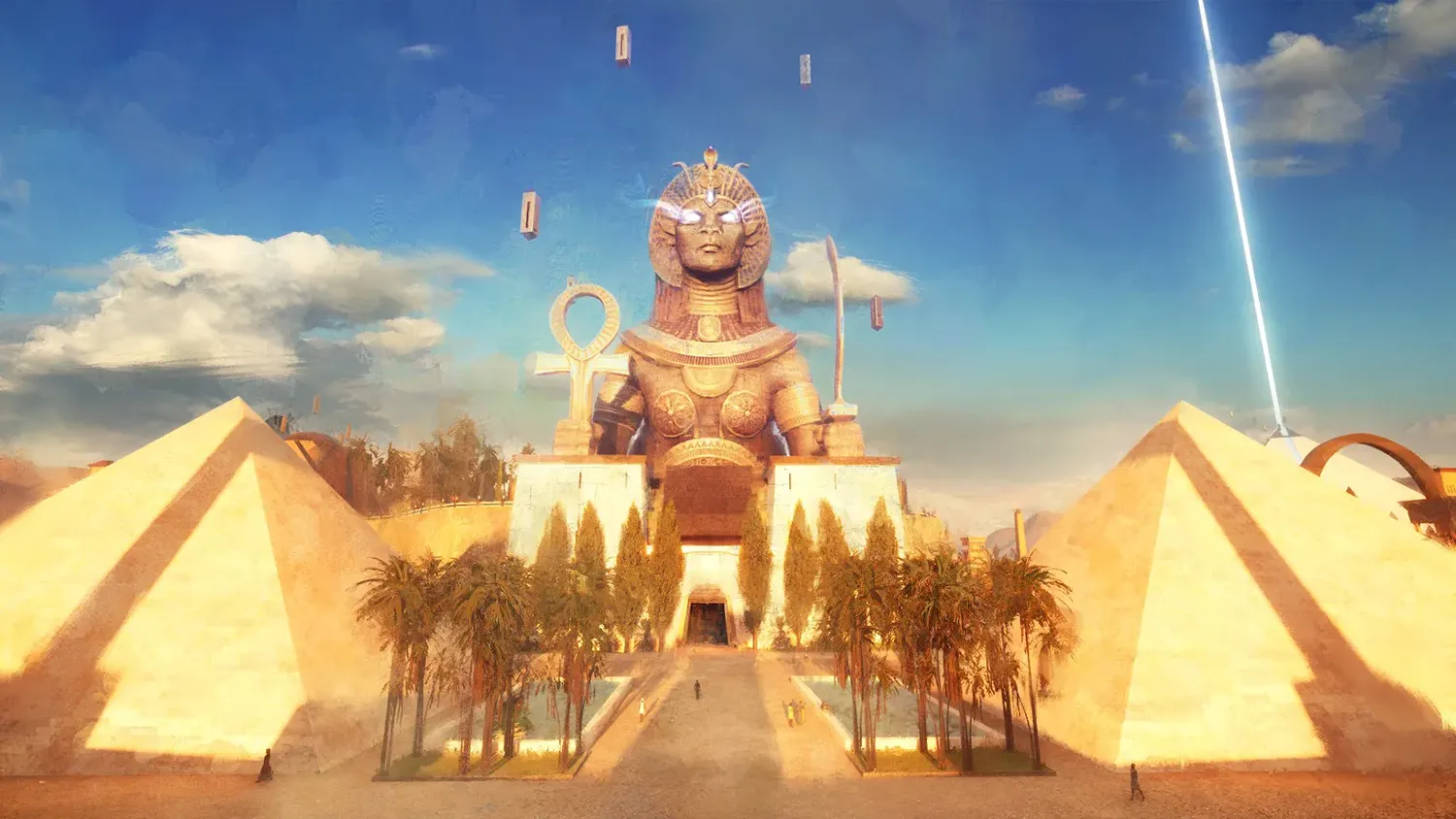 two egyptian pyramids with palm trees, a large statue, and a building entrance in between them