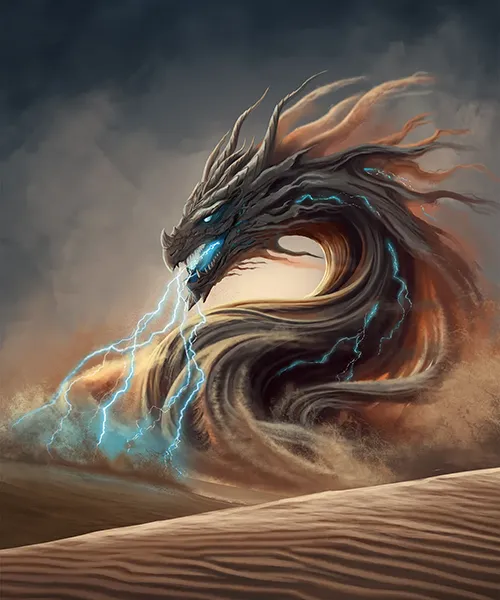 world of orthane sand dragon moving through the desert, spitting blue lightning from mouth