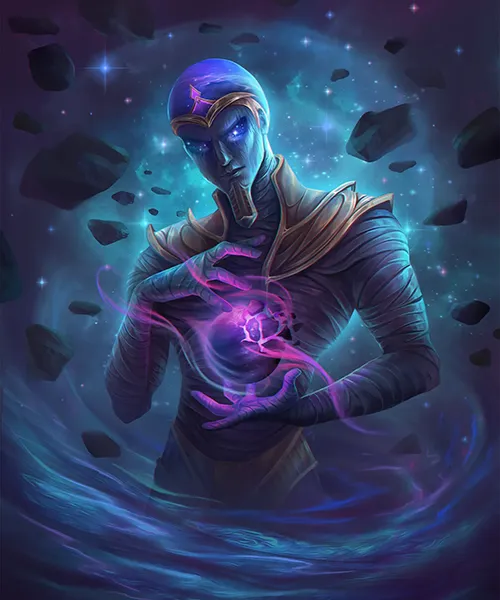 egyptian god ptah holding purple rock that is breaking, swirling around him with stars in background